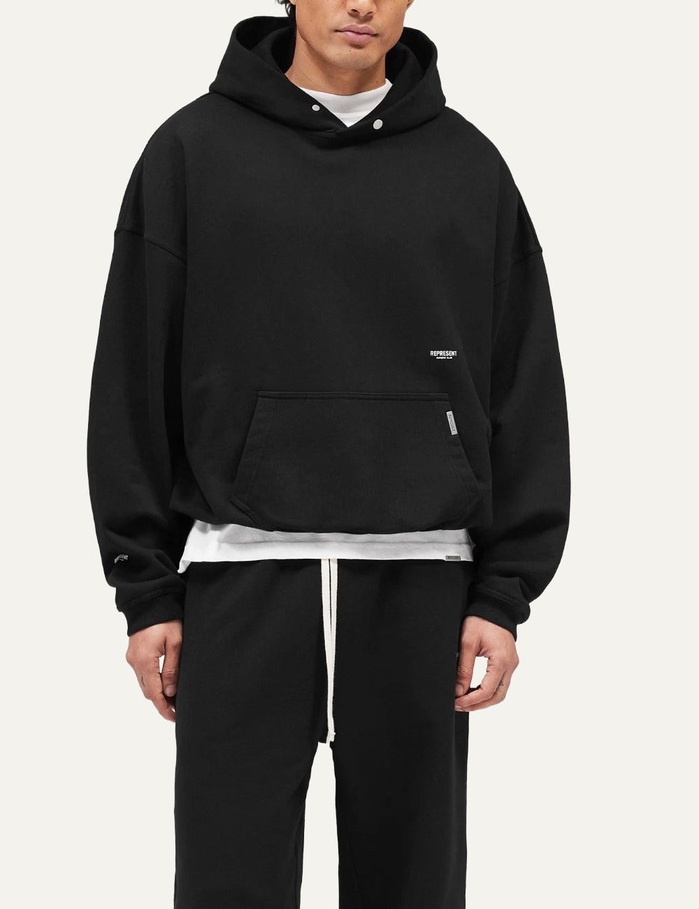 Represent Micro Owners Club black boxy cropped hoodie model