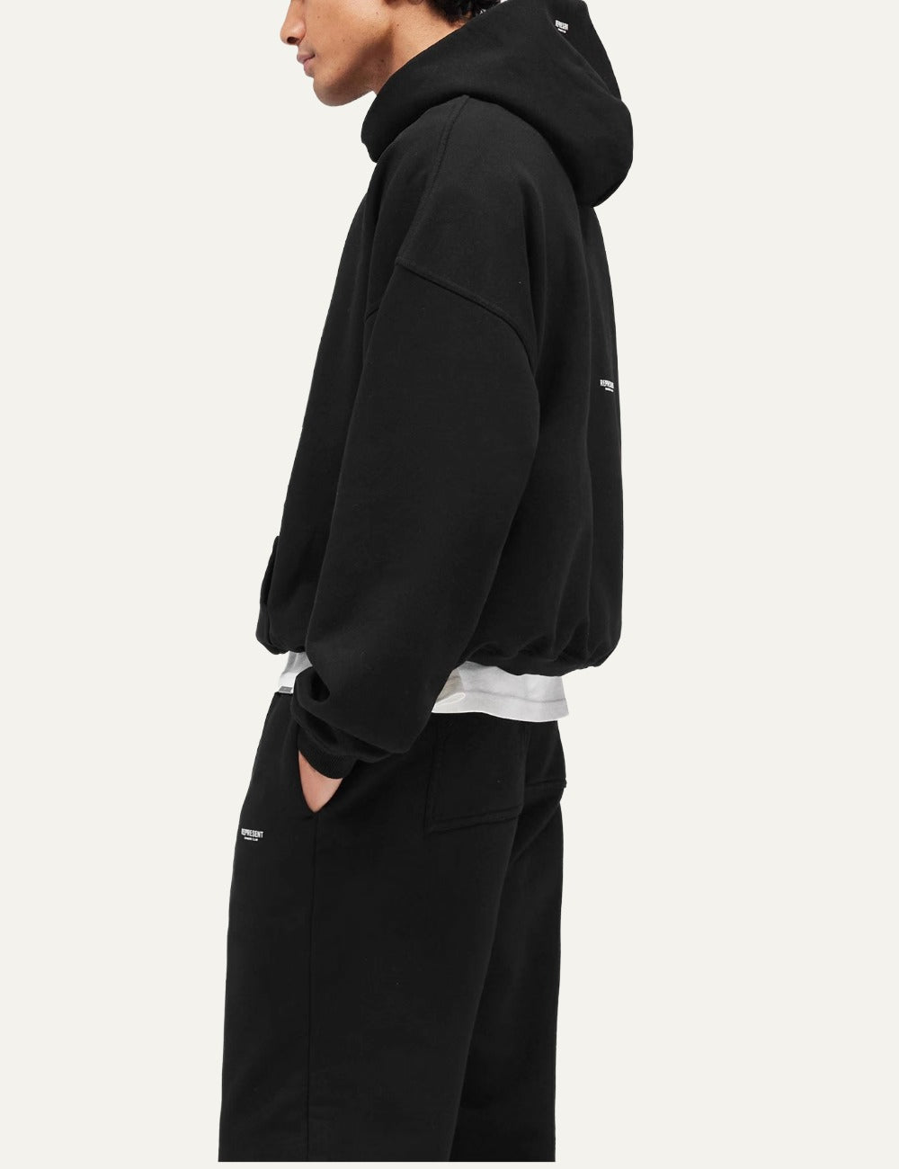 Represent Micro Owners Club black boxy cropped hoodie side