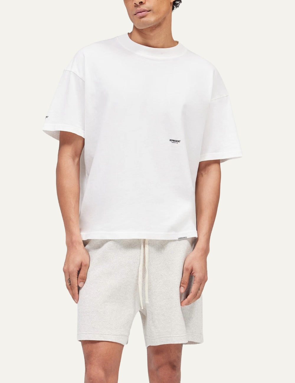 Represent Micro Owners Club white boxy cropped cotton T-shirt model