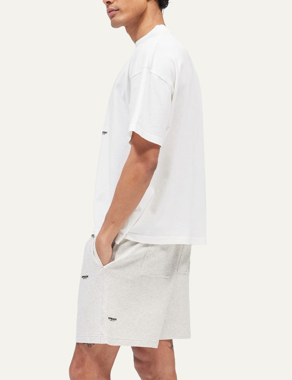 Represent Micro Owners Club white boxy cropped cotton T-shirt side