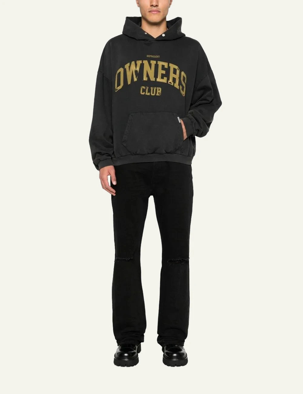 Represent Owners Club black hoodie gold logo front view