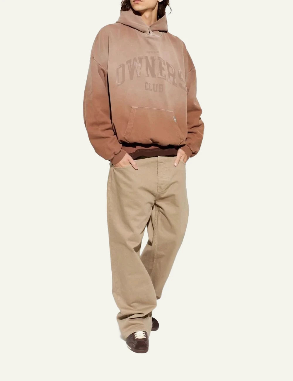 Represent Owners Club sienna brown hoodie faded logo front view full look
