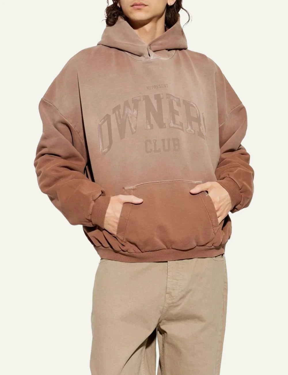 Represent Owners Club sienna brown hoodie faded logo front view close up