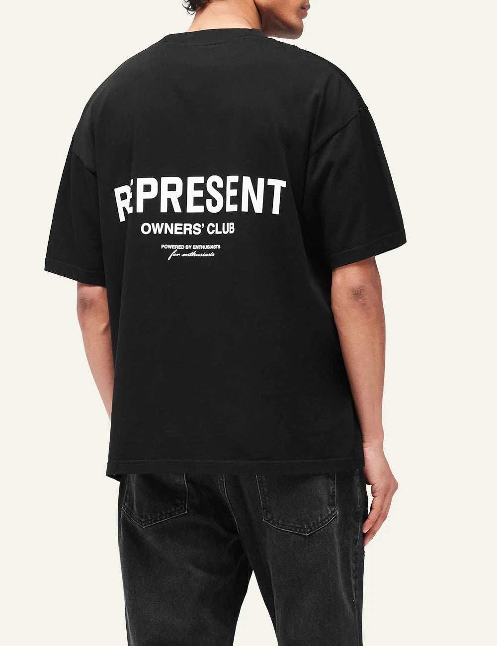 Represent Owners Club black oversized t-shirt logo chest back view