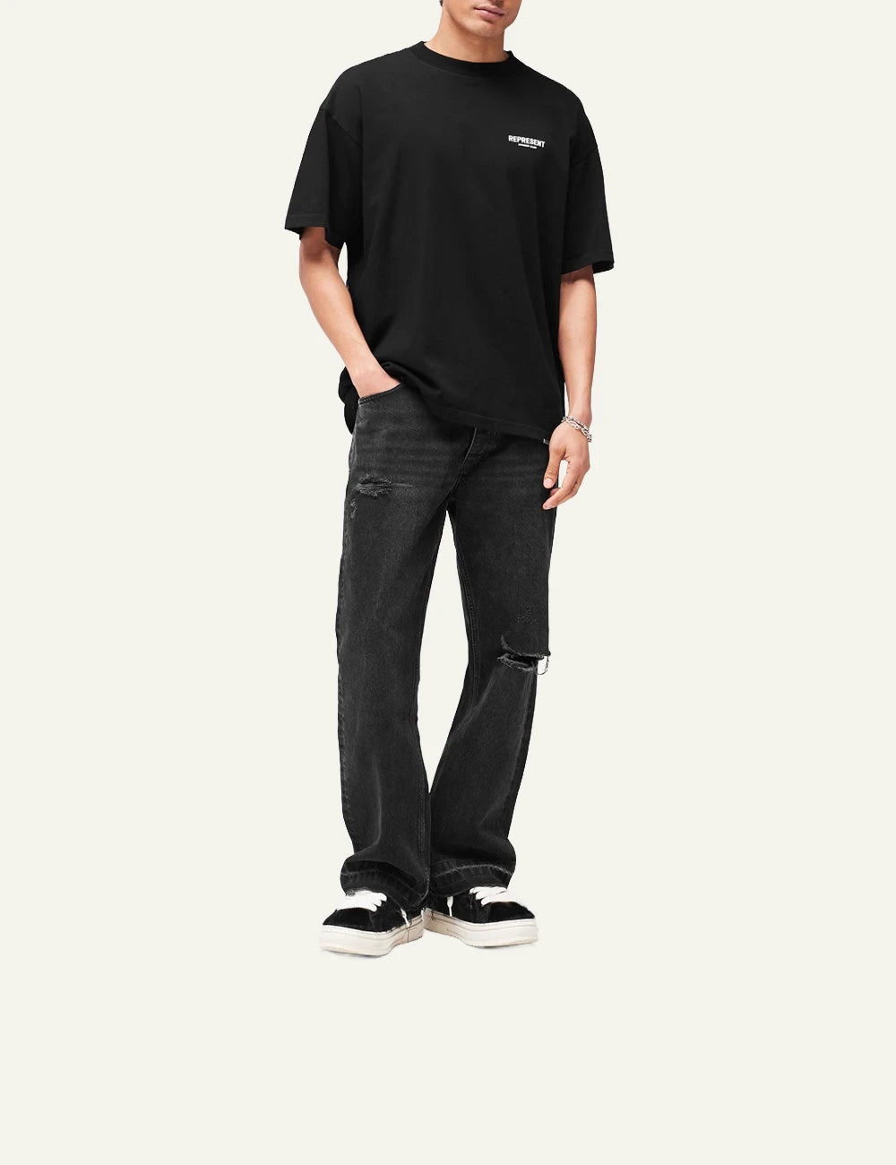 Represent Owners Club black oversized t-shirt logo chest front view full look