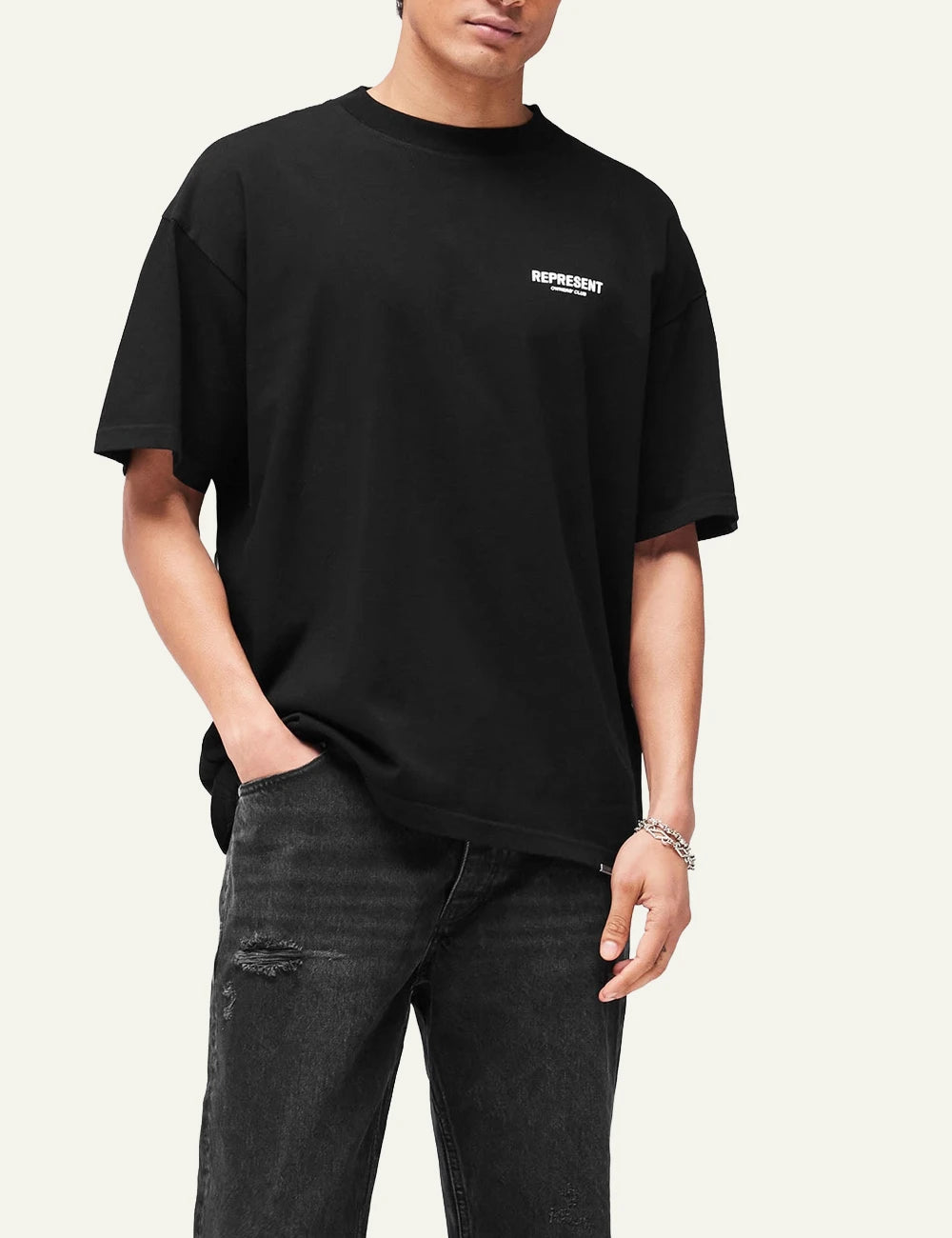 Represent Owners Club black oversized t-shirt logo chest front view close up