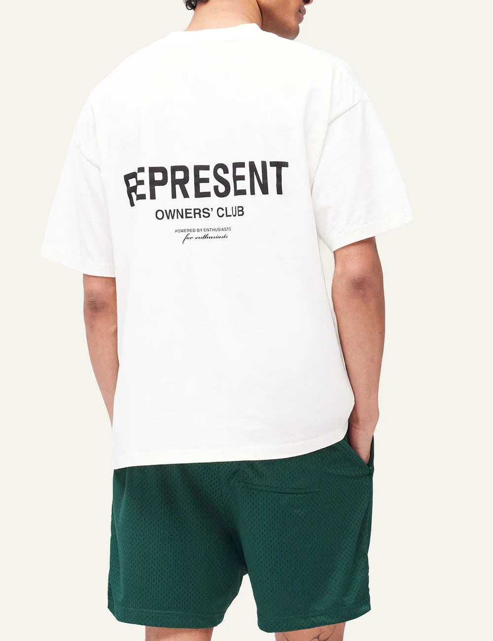 Represent Owners Club flat white oversized t-shirt logo chest back view