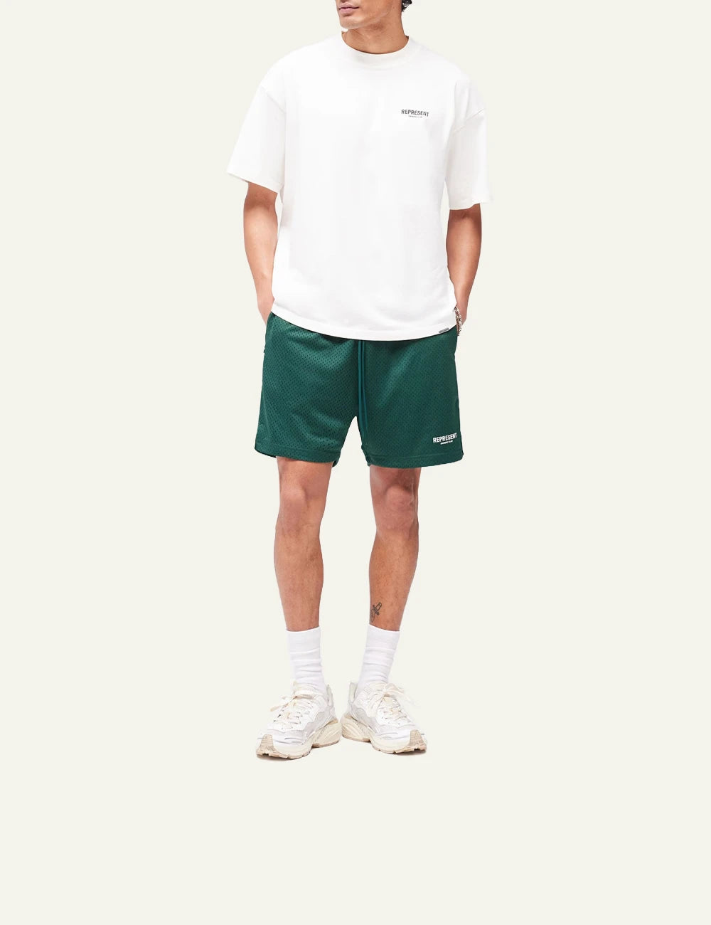 Represent Owners Club flat white oversized t-shirt logo chest front view full look