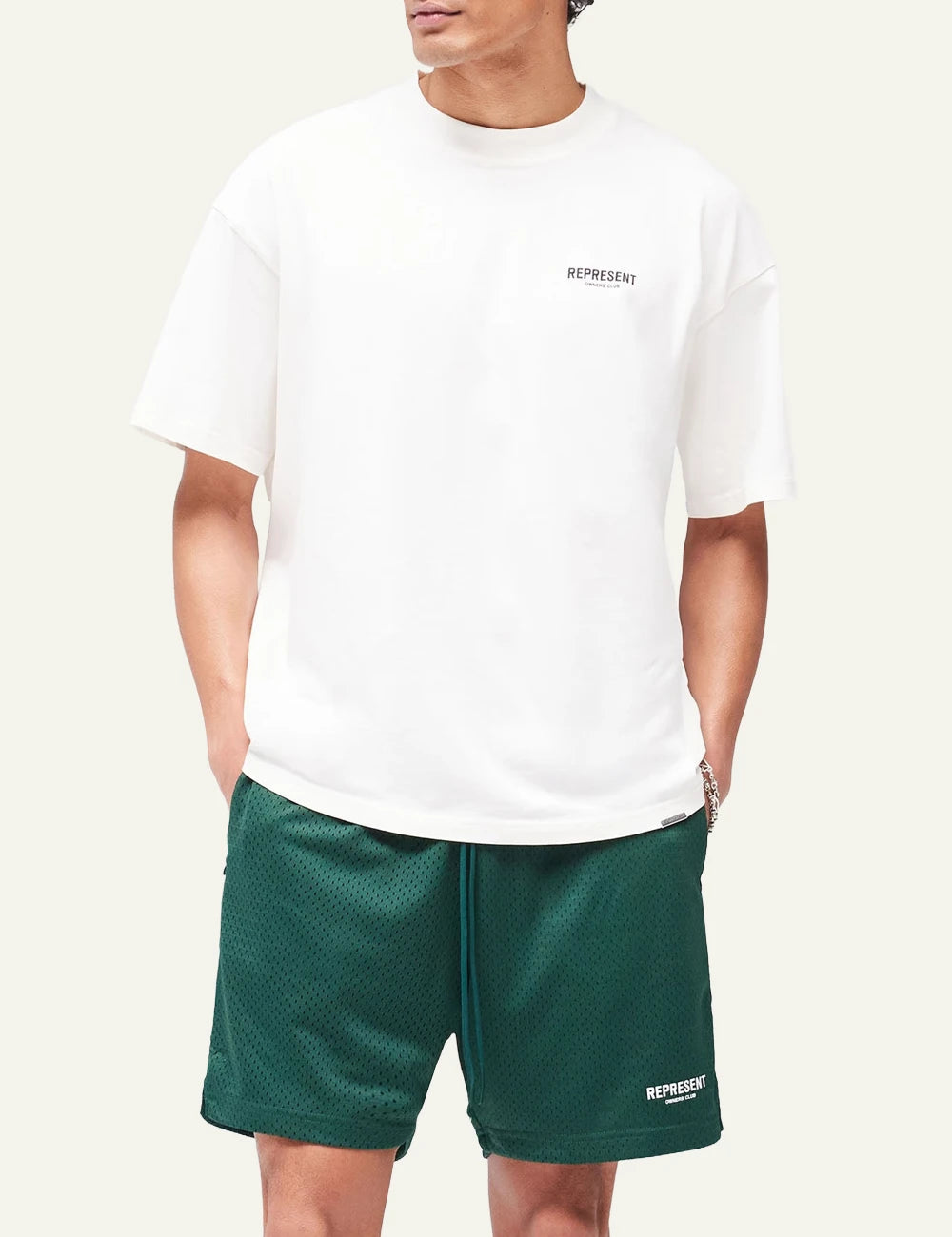 Represent Owners Club flat white oversized t-shirt logo chest front view close up