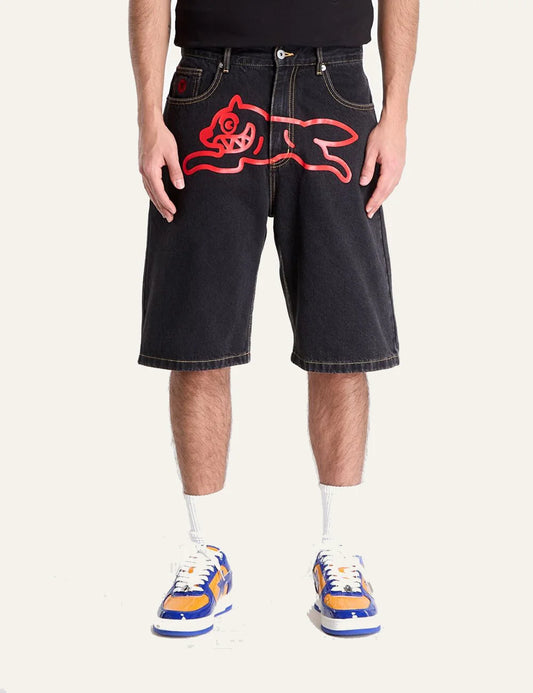 Billionaire Boys Club Icecream&nbsp; black denim shorts embroidered logo front view