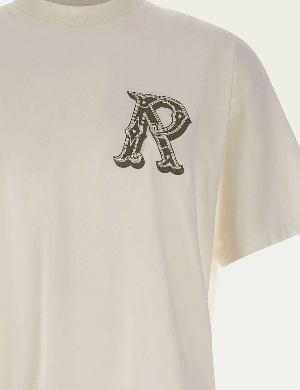 Represent t-shirt flat white oversized logo chest front detail view