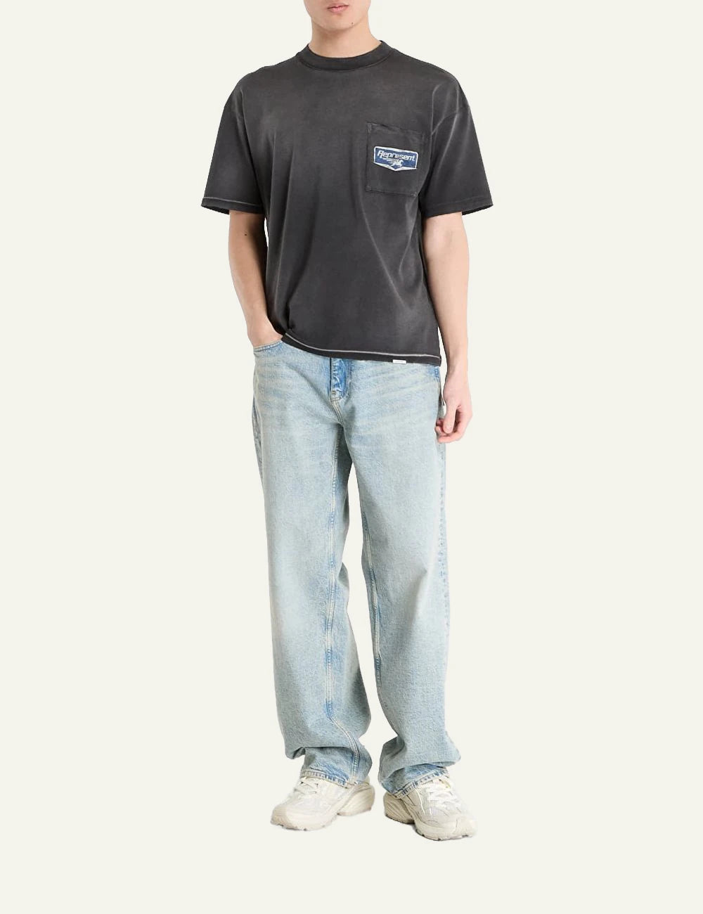 Represent t shirt washed black front full body worn