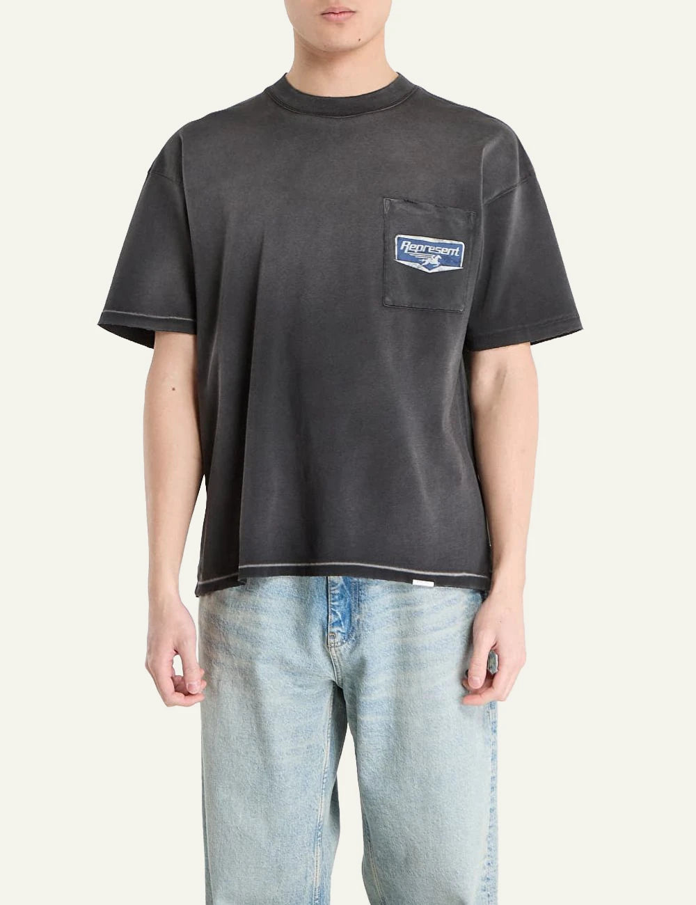 Represent t shirt washed black chest pocket logo detail