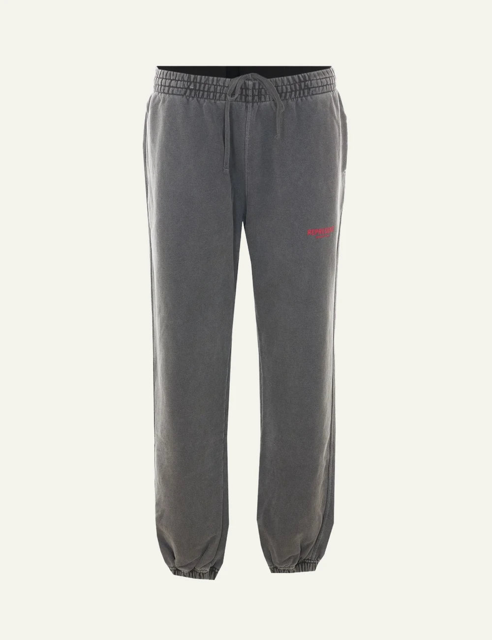 Represent washed dark grey sweatpants logo detail front view