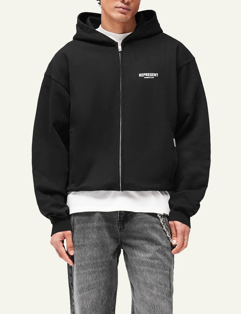 Represent Owners Club zip hoodie oversized fit logo detail front view