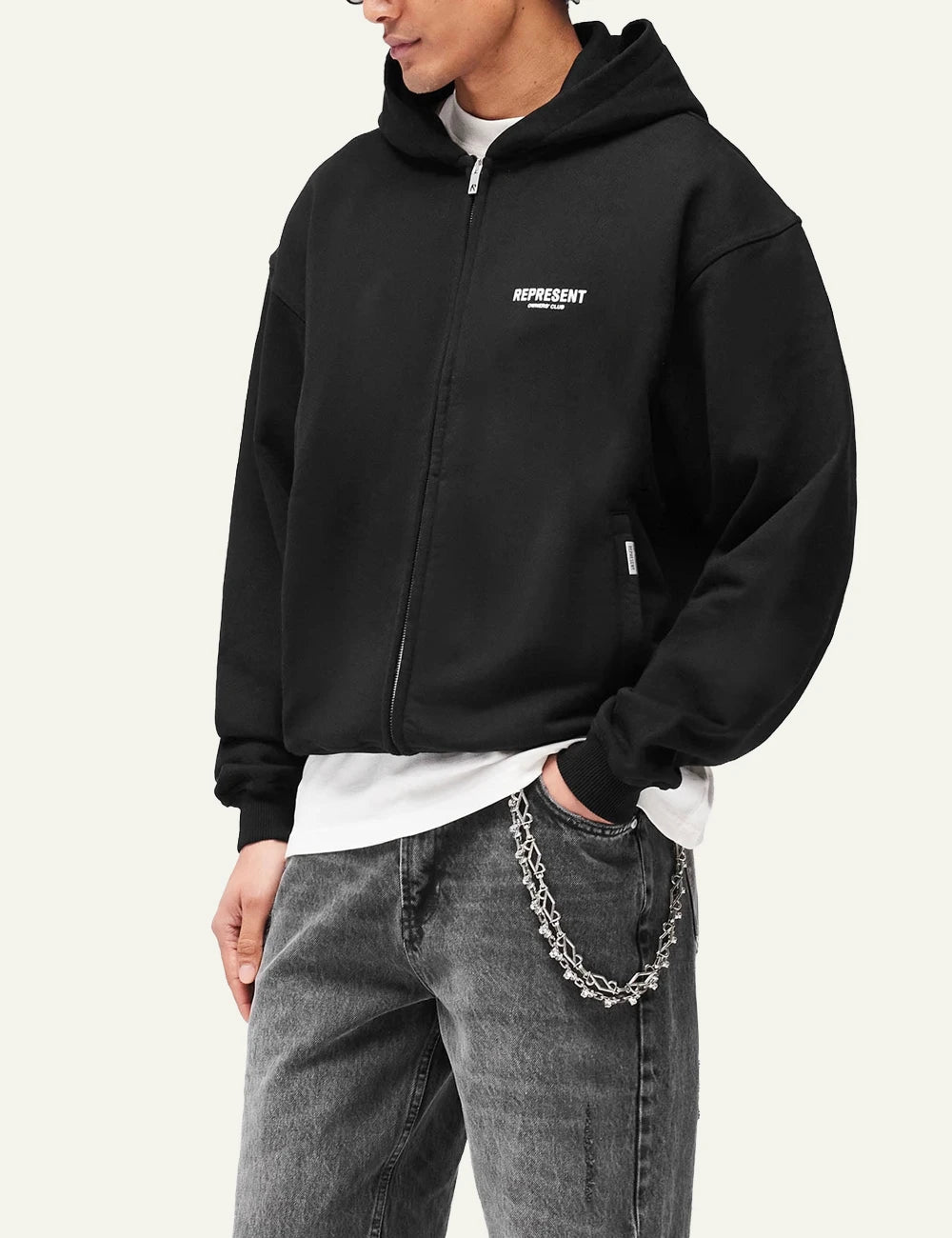 Represent Owners Club zip hoodie oversized fit logo detail side view