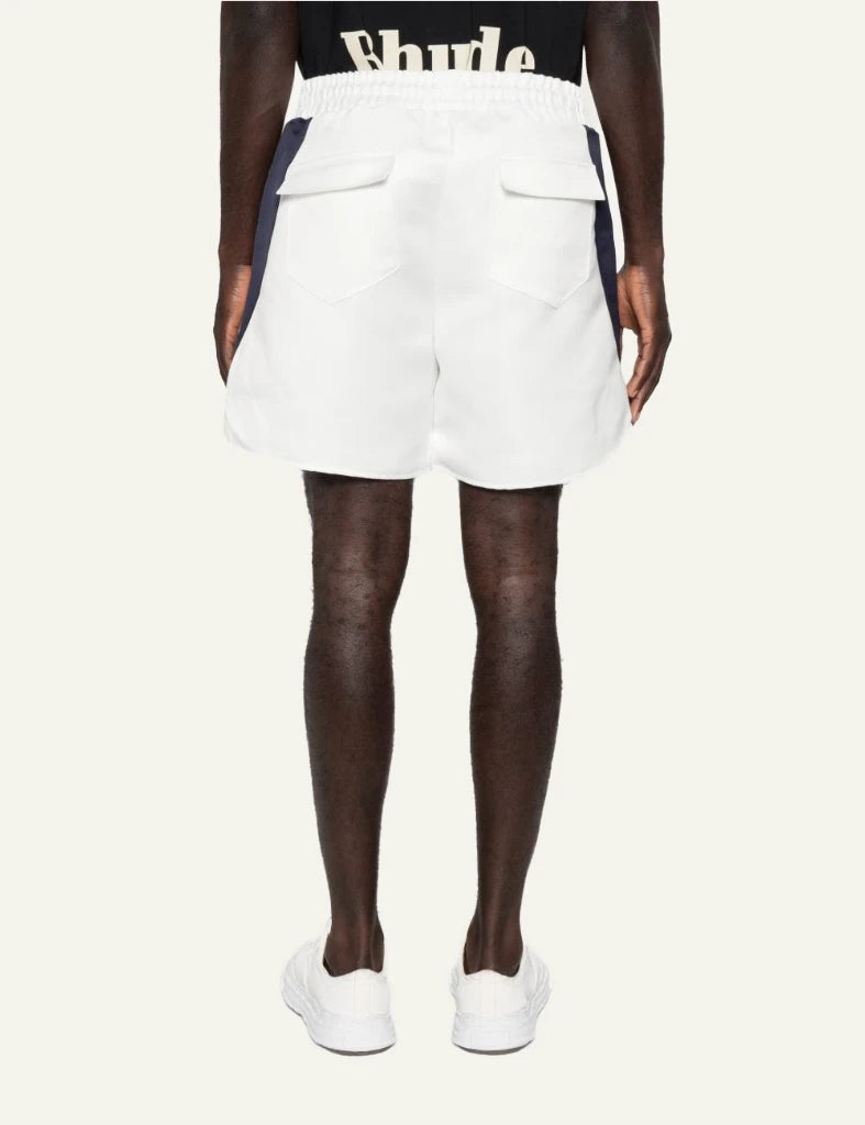Rhude white navy lightning shorts logo back model view