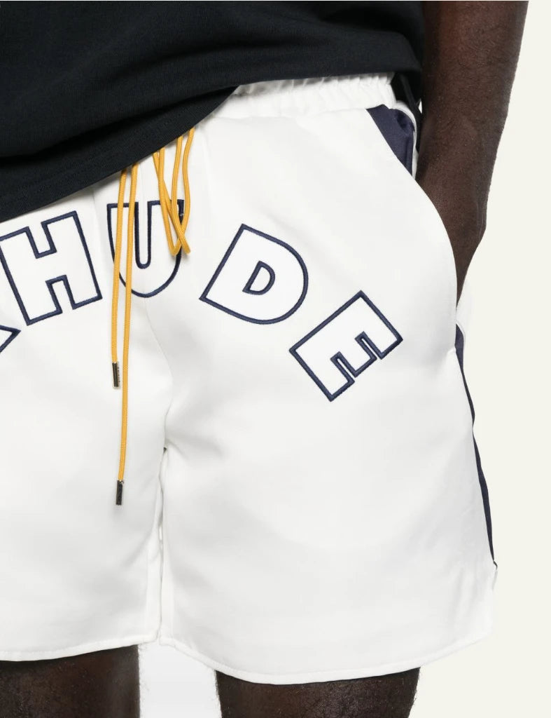 Rhude white navy lightning shorts logo logo view