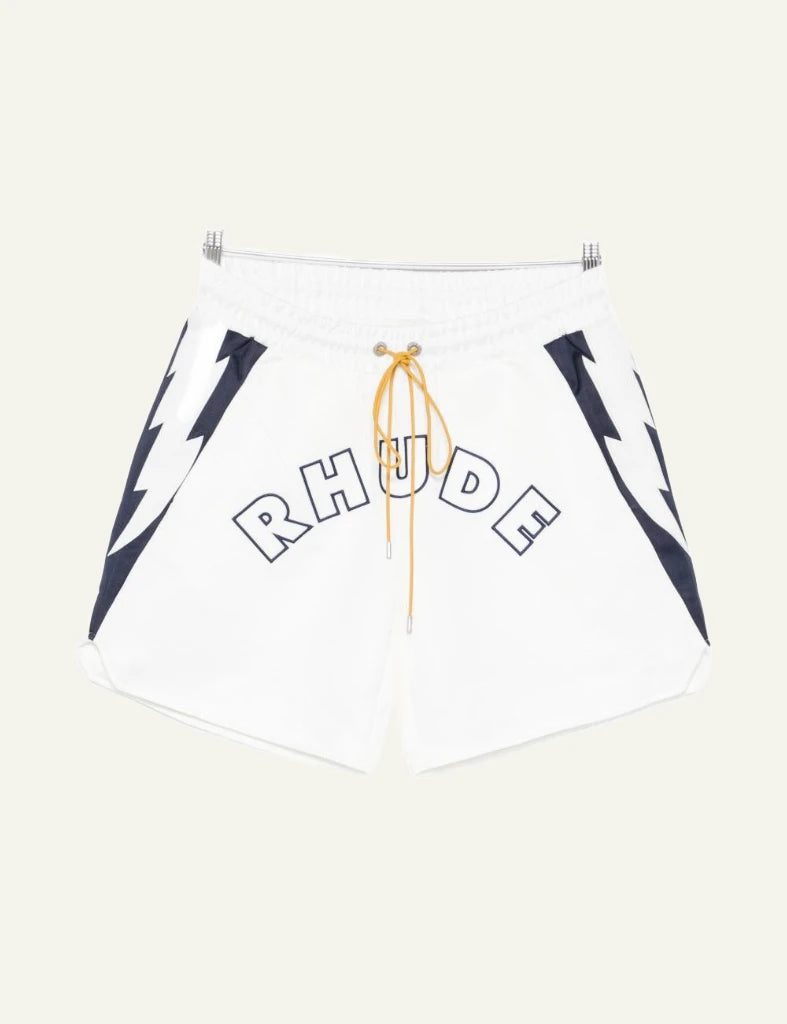 Rhude white navy lightning shorts logo front flat view