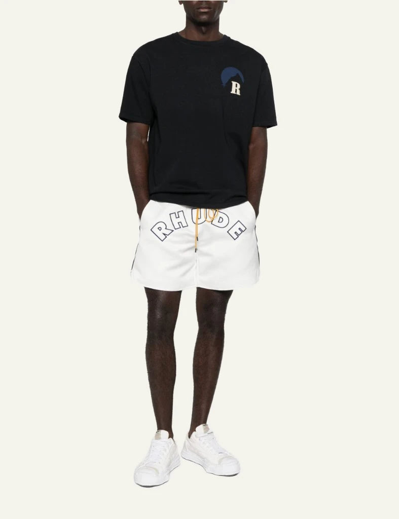 Rhude white navy lightning shorts logo full body view