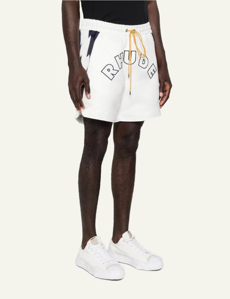 Rhude white navy lightning shorts logo side model view