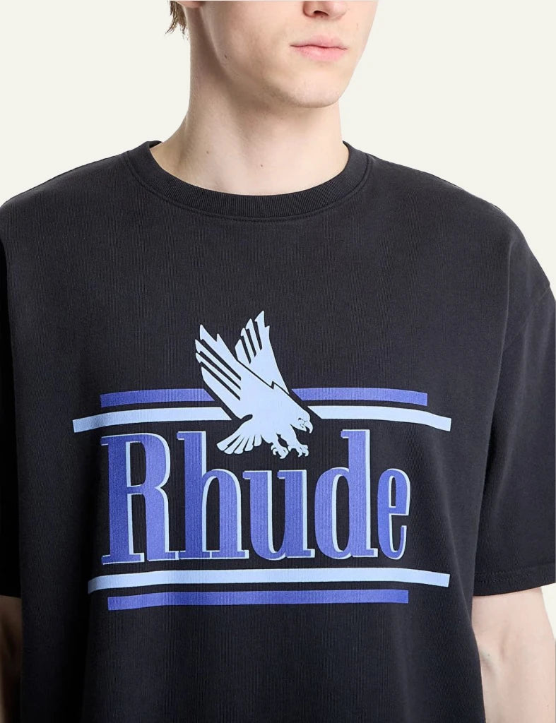 Rhude logo tee black short sleeve graphic close model view