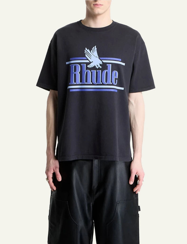 Rhude logo tee black short sleeve graphic front model view