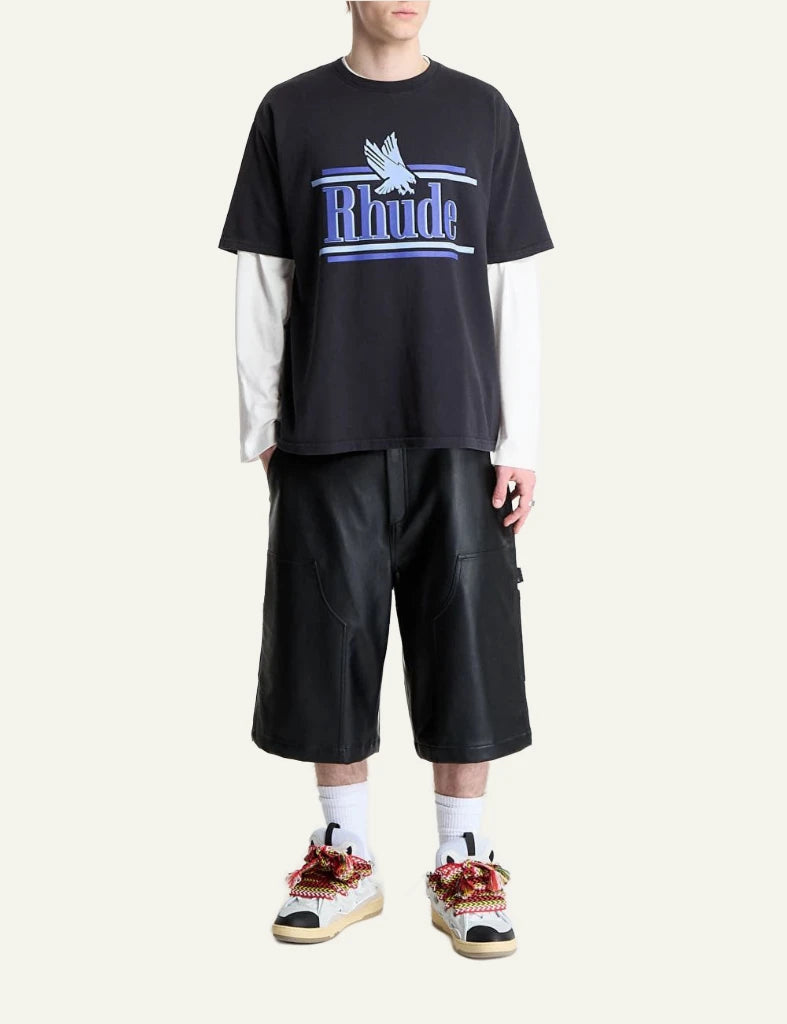 Rhude logo tee black short sleeve graphic full body view