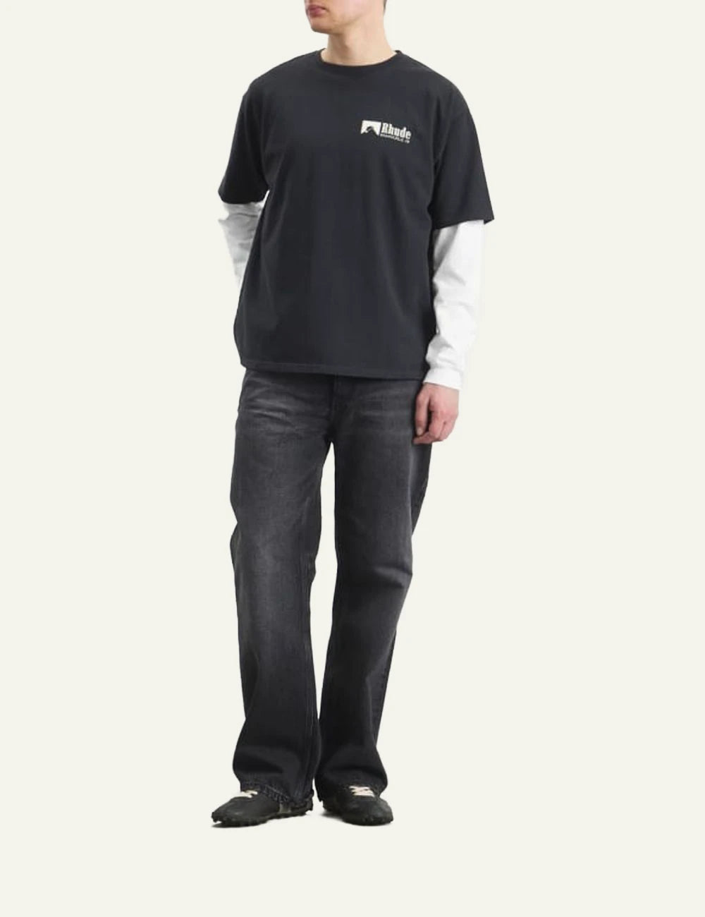 Rhude logo t-shirt navy front look full body