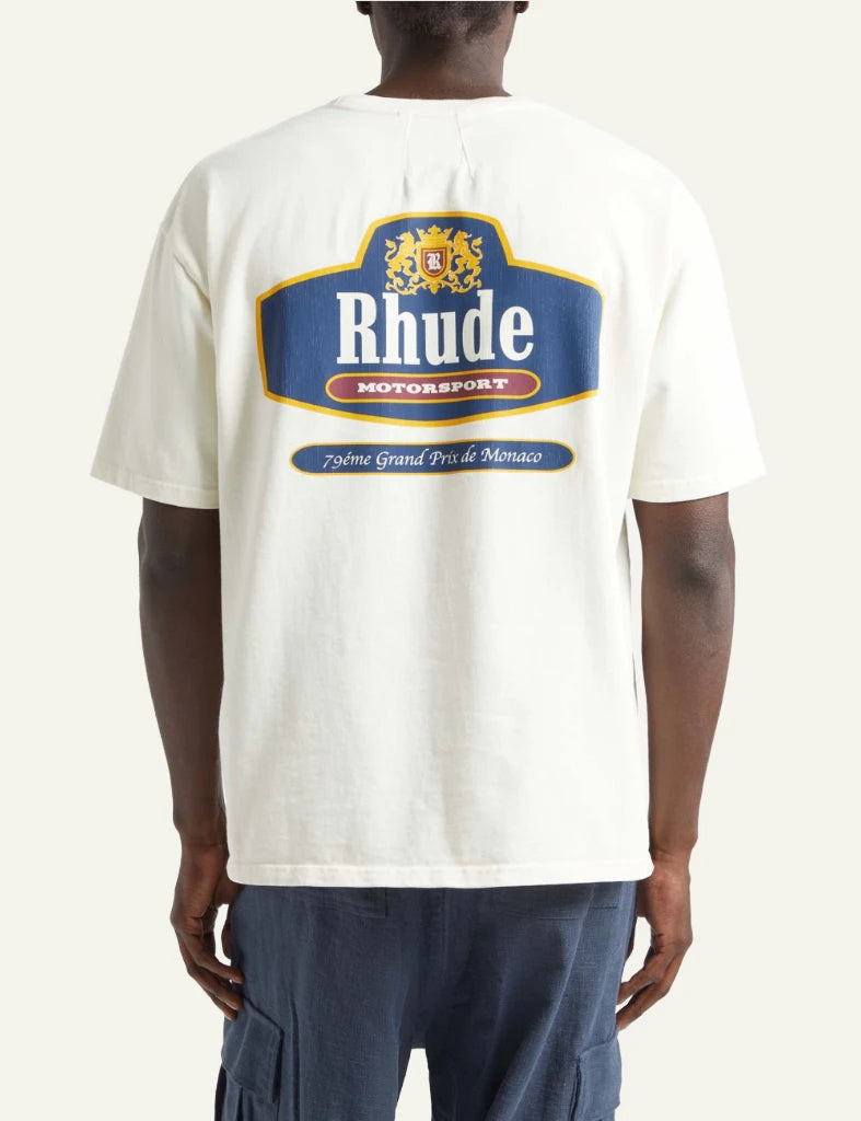 Rhude logo tee off white relaxed fit short sleeve chest logo back model view