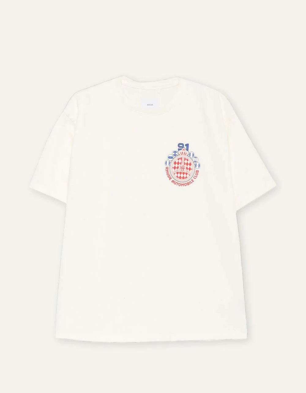Rhude men's beige cotton crew neck T-shirt with short sleeves and multicolor Automobile Club crest graphic on the chest.