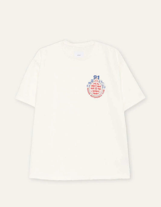 Rhude men's beige cotton crew neck T-shirt with short sleeves and multicolor Automobile Club crest graphic on the chest.