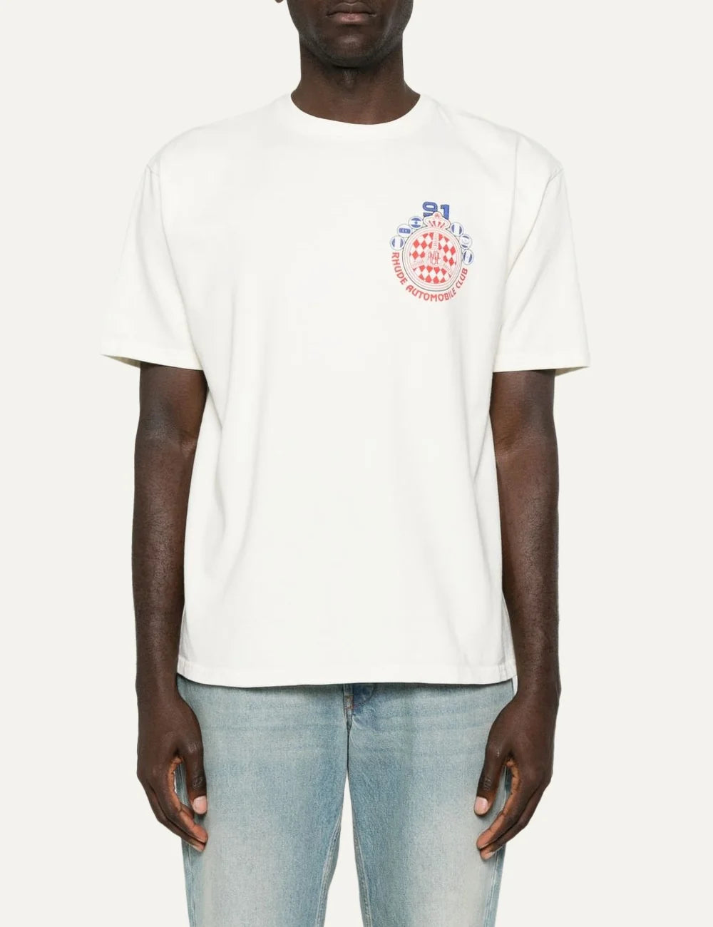 Rhude men's beige cotton crew neck T-shirt with short sleeves and multicolor Automobile Club crest graphic on the chest model
