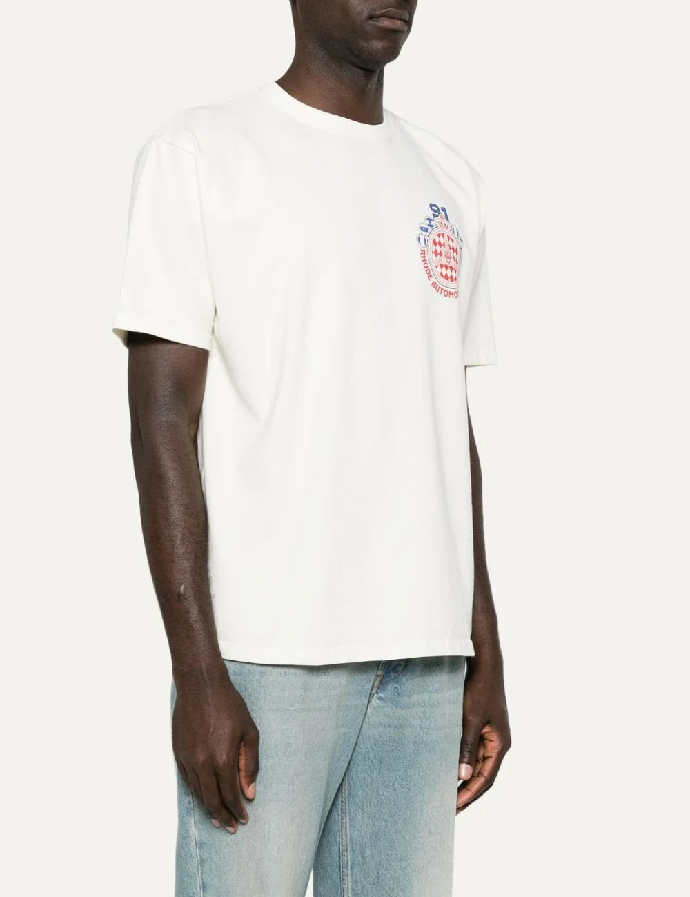 Rhude men's beige cotton crew neck T-shirt with short sleeves and multicolor Automobile Club crest graphic on the chest side
