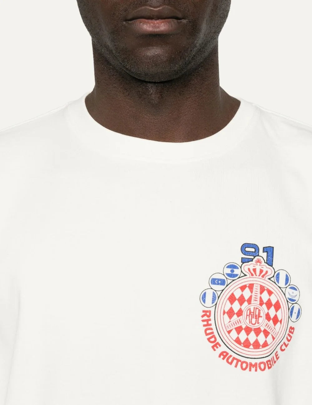Rhude men's beige cotton crew neck T-shirt with short sleeves and multicolor Automobile Club crest graphic on the chest detail