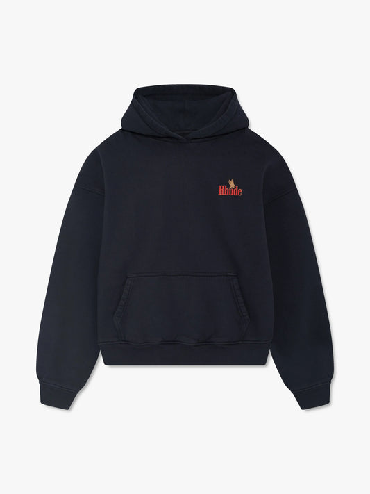 Rhude men's black cotton pullover hoodie with red Rhude chest logo, kangaroo pocket, dropped shoulders and ribbed trims.