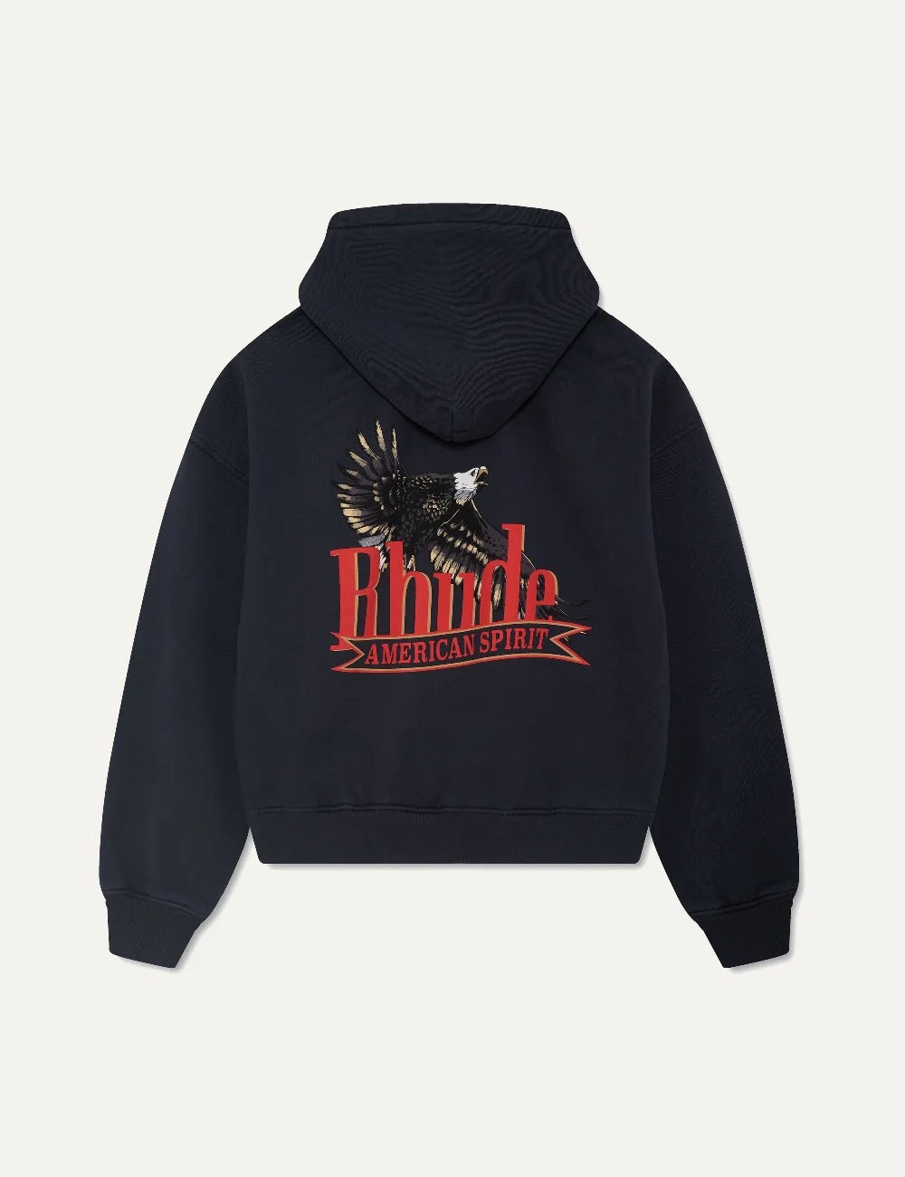 Rhude men's black cotton pullover hoodie with red Rhude chest logo, kangaroo pocket, dropped shoulders and ribbed trims back