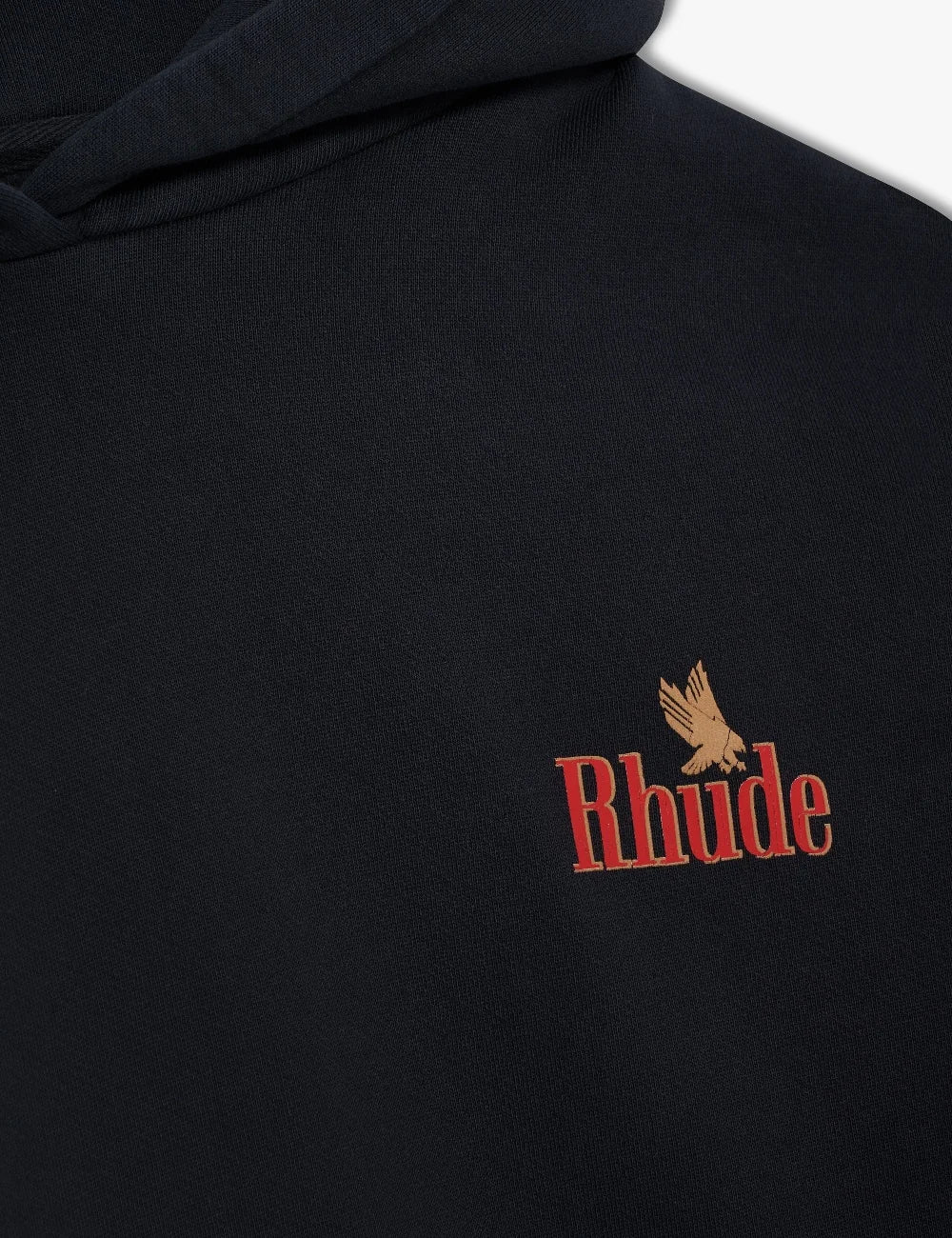 Rhude men's black cotton pullover hoodie with red Rhude chest logo, kangaroo pocket, dropped shoulders and ribbed trims detail