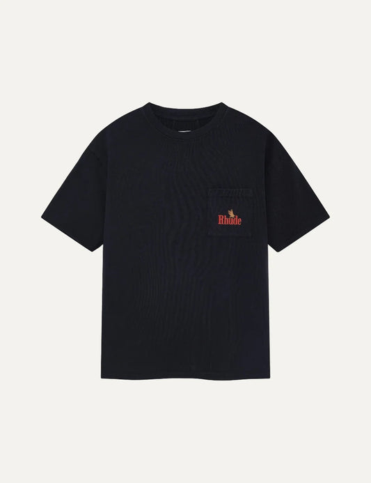 Rhude men's black cotton crew neck T-shirt with short sleeves and chest pocket featuring red Rhude logo and eagle motif.