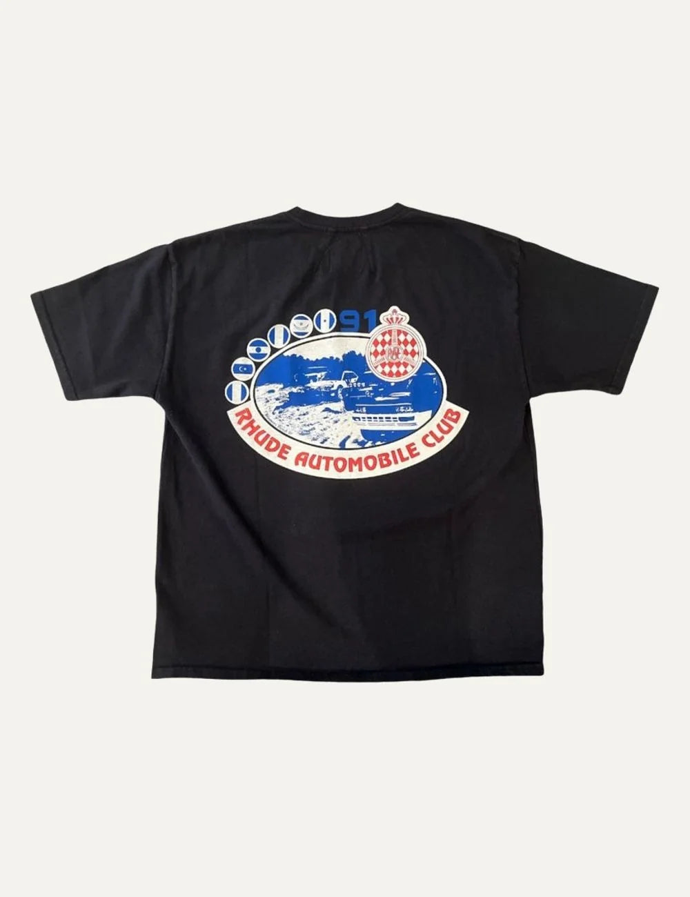 Rhude men's black crew neck T-shirt with short sleeves and multicolor Automobile Club crest graphic on the chest back