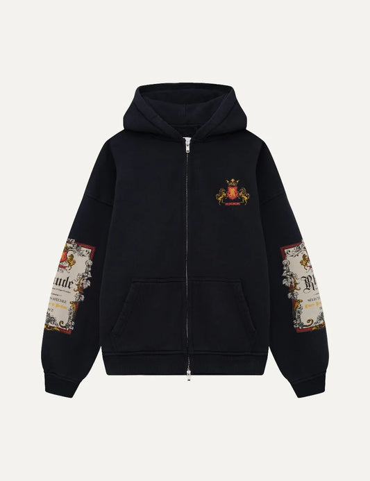 Rhude men's black cotton zip-up hoodie with Bordeaux Reserve wine label graphics on the chest and sleeves, kangaroo pockets and ribbed trims.