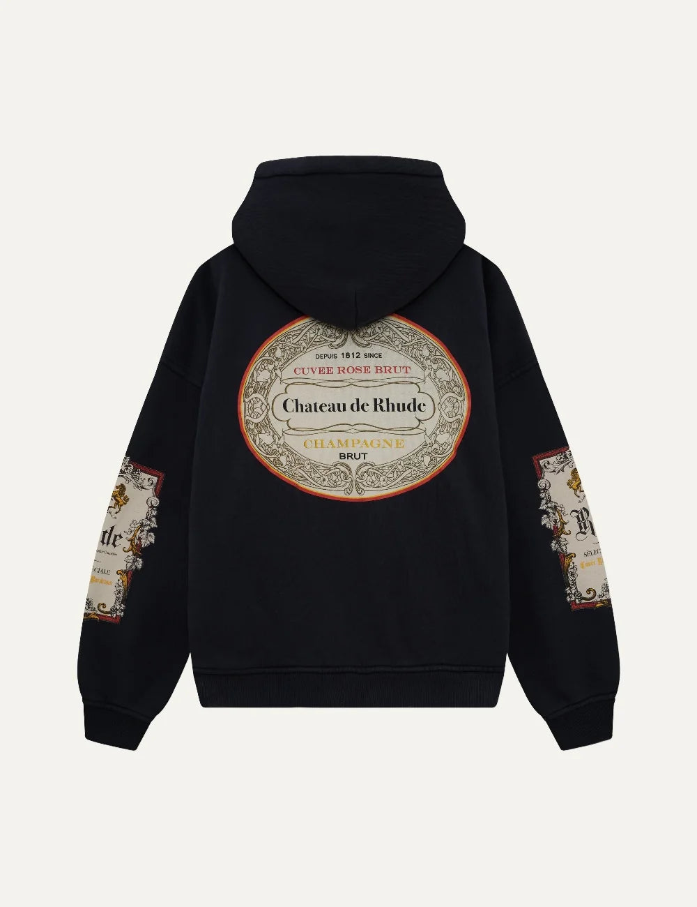 Rhude men's black cotton zip-up hoodie with Bordeaux Reserve wine label graphics on the chest and sleeves, kangaroo pockets and ribbed trims back