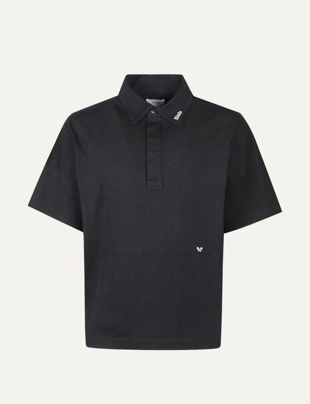 Rhude men's black cotton polo shirt with short sleeves, white logo embroidery on the collar and front, and button placket.