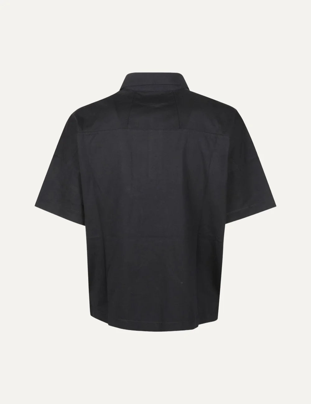 Rhude men's black cotton polo shirt with short sleeves, white logo embroidery on the collar and front, and button placket back
