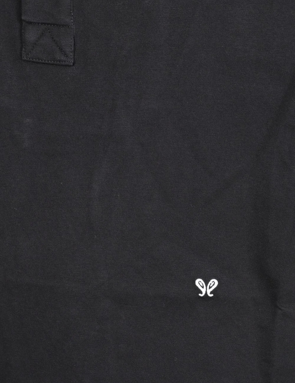 Rhude men's black cotton polo shirt with short sleeves, white logo embroidery on the collar and front, and button placket detail