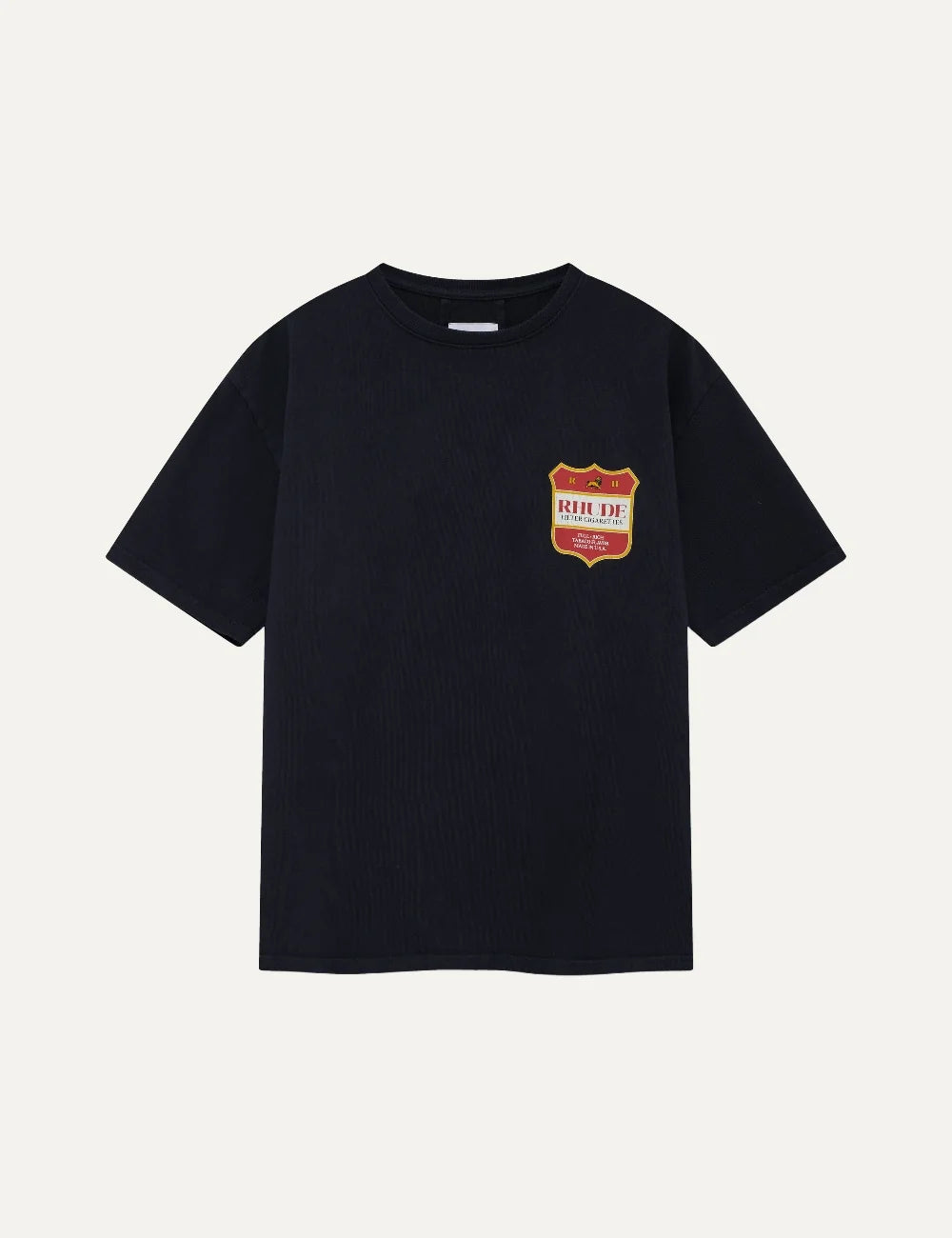 Rhude men's black cotton T-shirt with red and yellow Filtaro Crest shield graphic on the chest, crew neck and short sleeves.