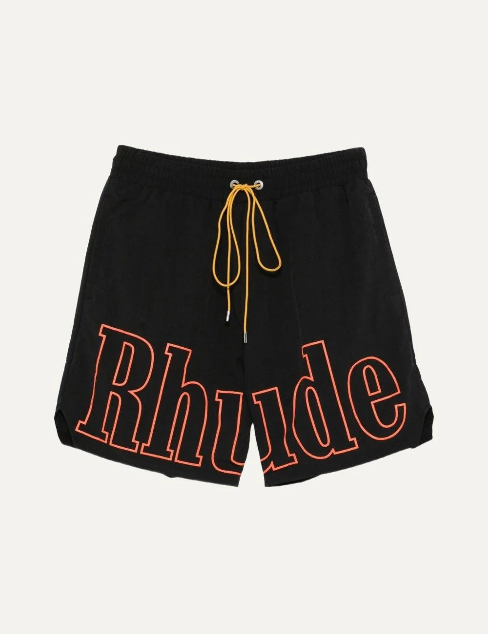 Rhude men's black nylon shorts with oversized orange outline logo print, elasticated waistband and contrasting yellow drawstring.
