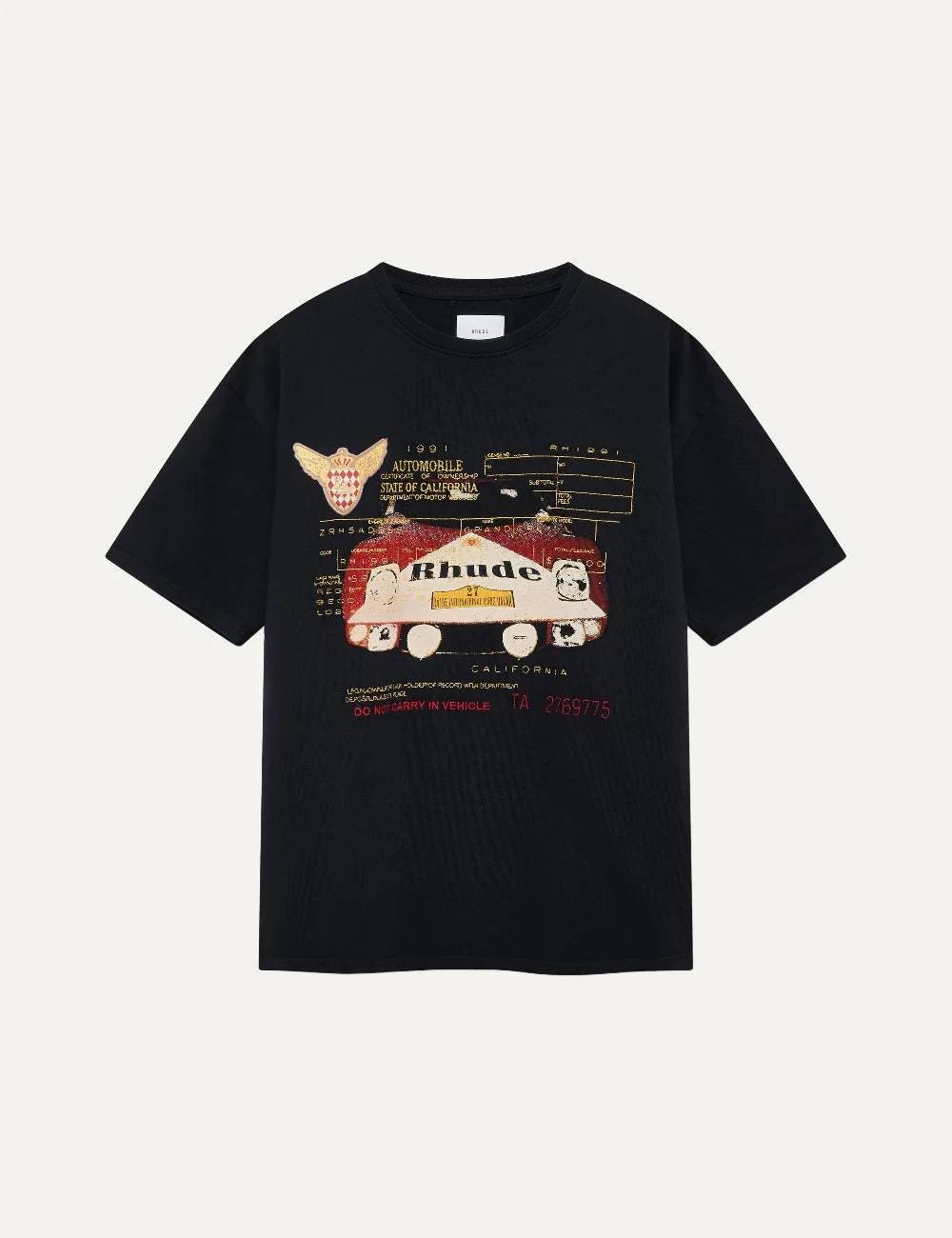 Rhude men's black cotton T-shirt with vintage-inspired multicolor Rhude Slip motorsport graphic, embroidered details and crew neckline.