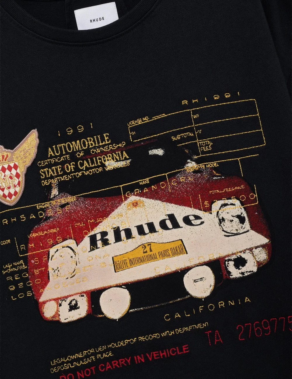 Rhude men's black cotton T-shirt with vintage-inspired multicolor Rhude Slip motorsport graphic, embroidered details and crew neckline detail