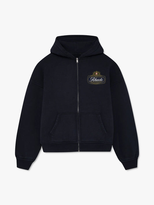 Rhude men's black cotton zip-up hoodie with gold Safari Crest logo on the chest, hood, front pockets and ribbed trims.